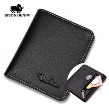 BISON DENIM Men Wallets Black Genuine Leather Purse For