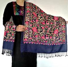 Navy Blue Full Embroidered Acrylic Pashmina Shawl for Women