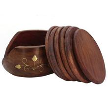 Wooden Carved Round Coaster With Six Cup Holder