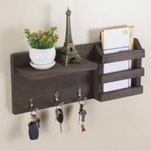 Home Wooden Phone Pocket Side Wall Self 7 Hook Key Holder in Matt Black