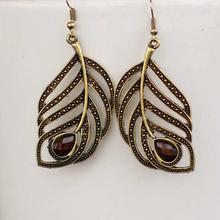 Gold/Brown Stoned Peacock Feather Earrings For Women