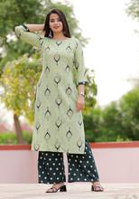 Green Kurti with mirror work and hand work with printed Pant