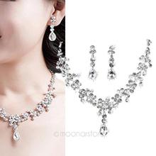 Elegant Charm Plated Wedding Bridal WaterDrop Raindrop Rhinestone Crystal Necklace Earring Jewelry Set For Women