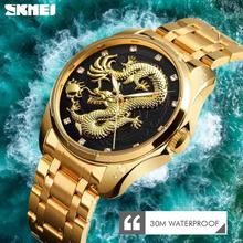 SKMEI 9193 Gold Dragon Quartz Luxury Stainless Steel Alloy Business Waterproof Wristwatches For Men