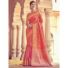 Stylee Lifestyle Full Traditional Jacquard Woven Design With Jacquard Blouse Orange Saree with Magenta Blouse for Wedding, Party and Festival