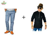 Virjeans Slim Fit Check Cotton Pant Sky Blue and Men’s Linen Kurta Black Colour Combo Dashain Offer