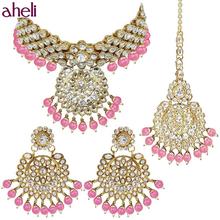 Aheli Indian Traditional 18K Gold Plated Kundan Bead Choker Necklace with Earring Mangtikka Jewellery Set for Women Girls