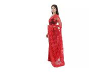 Red Floral Embroidered Netted Saree with Unstitched Blouse For Women