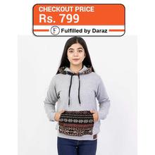 J.Fisher Fleece Light Grey Pullover Hoodie with Printed Pocket for Women