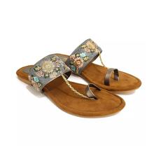 Colorful Elegant Embroidered Slide Sandals For Women-Grey