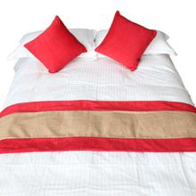 Red/Beige 2 Cushion Covers and a Bed Runner Set - Double Bed