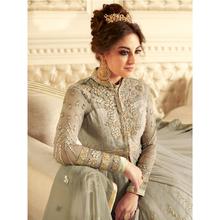 Stylee Lifestyle Elegant Floral Jardoshi Work With Multiple Jari & Crystal Grey Semi Stitched Salwar Suit for Party and Wedding