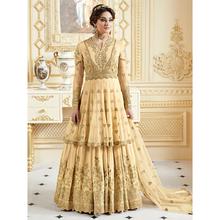 Stylee Lifestyle Embellished Floral Jardoshi Work With Resham Thread Work & Crystal Yellow Semi Stitched Salwar Suit for Party and Wedding