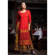 Red Double Layer Kurti With Button Design For Women