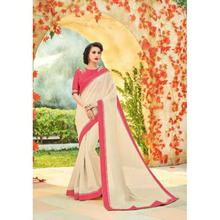 Cream/Pink Embroidered Banarasi Silk Saree For Women With Blouse Piece