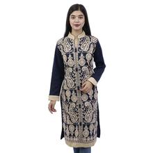 Navy Blue/Beige Embroidered Front Buttoned Woolen Kurti For Women