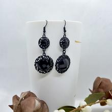 Black Stone Adorned Double Round Drop Earrings