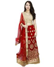 Red Semi-Stitched Velvet Lehenga With Unstitched Blouse For Women