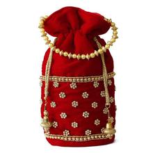 Red/Golden Floral Beaded Pouch Bag For Women