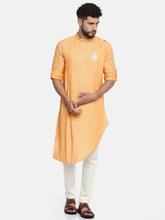 Freehand Men Orange & White Self Design Kurta with Pyjamas