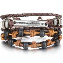 IF ME Wood Bead Male Multilayer Leather Bracelet Men Braided