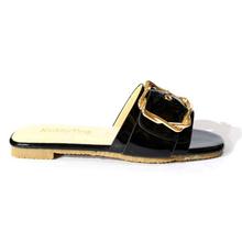 Black Shiny Metal Designed Slide Sandals For Women