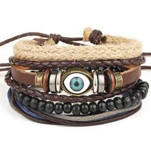 Fashion 4pcs/set Handmade Trendy Vintage Bracelets Female Homme Male Punk Wood Bead Charm Men Leather Bracelet For Women Jewelry