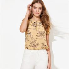 SHEIN Yellow Animal Pleated Ink Painting Button Top Women