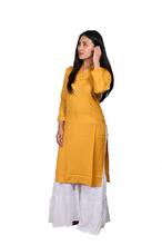 Yellow Mandarin Collared Rayon Kurti With White Solid Flared Gharara - (BIS2)