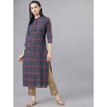 Women Navy Blue & Red Checked Straight Kurta