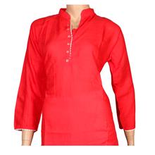 Plain Straight Kurti with white buttom - Red