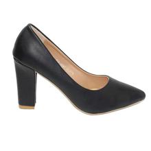 Black Pointed Tip Block Heel Pump Shoes For Women