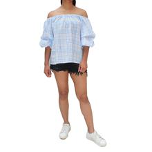 Cotton Strip Off Shoulder Blue Top