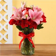 12 Red Carnation 12 Red Roses And Two Lilly In A Vase-F&P Bouquet 10