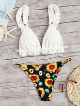 Ribbed Frill Trim Top With Floral Tanga Bikini