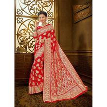 Red/Golden Floral Printed Banarasi Silk Saree With Blouse Piece