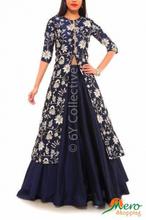 Navy Blue Floral Embroidery Achkan Style Lehenga