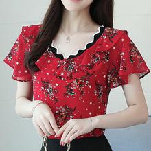 Women blouse and tops 2019 red Floral Chiffon Women Blouse