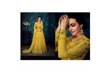 Embroidered Semi Stitched Gown With Dupatta Set For Women-Yellow