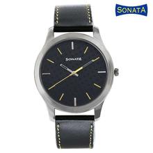 Sonata 77063SL05 NXT Black Dial Analog Leather Strap Watch For Men