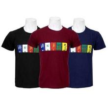 Pack Of 3 Printed 100% Cotton T-Shirt For Men- Black/Maroon/Blue