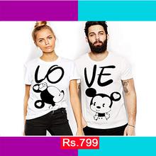 Micky and Minnie Love White Printed Couple Tshirt