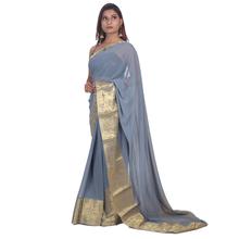 Chiffon Saree with Peacock Zari Border (Grey)For Women - 5012