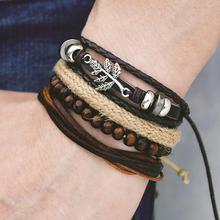 IF ME Wood Bead Male Multilayer Leather Bracelet Men Braided