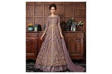 Embroidered Semi-Stitched Anarkali Gown & Shawl Set For Women-Light Puple