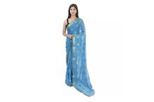 Embroidered Chiffon Saree with Unstitched Blouse For Women- Sky Blue/Golden