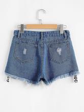 Contrast Letter Ribbon Ripped Raw Hem Denim Shorts