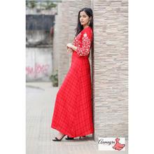 Red Half Printed Long Gown For Women