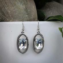 White Stone Enclosed Oval Drop Earrings