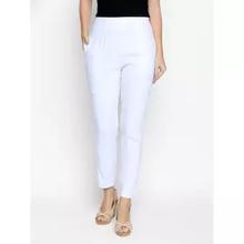 Women's Cotton Lycra Strechable White Solid Cigarette Trousers